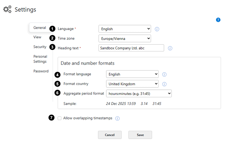 Timekeeping settings tab general